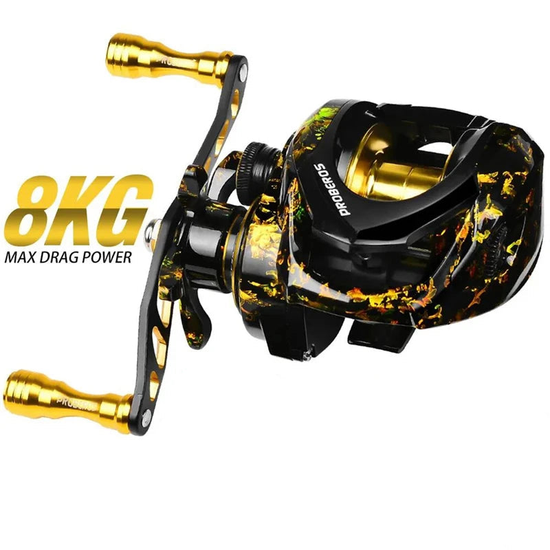 Gold and black baitcasting reel with 8kg max drag power and smooth precision handle