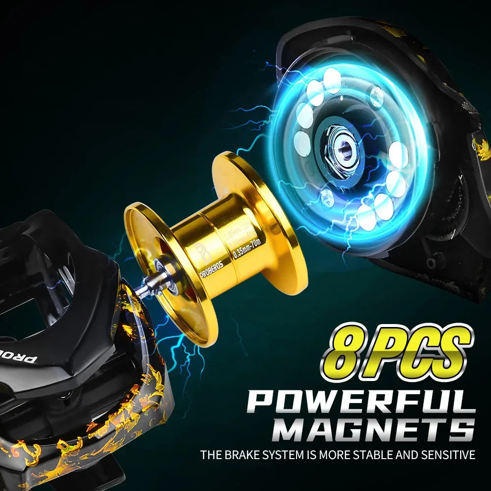 Baitcasting reel showing 8PCS magnetic braking system for casting control and accuracy