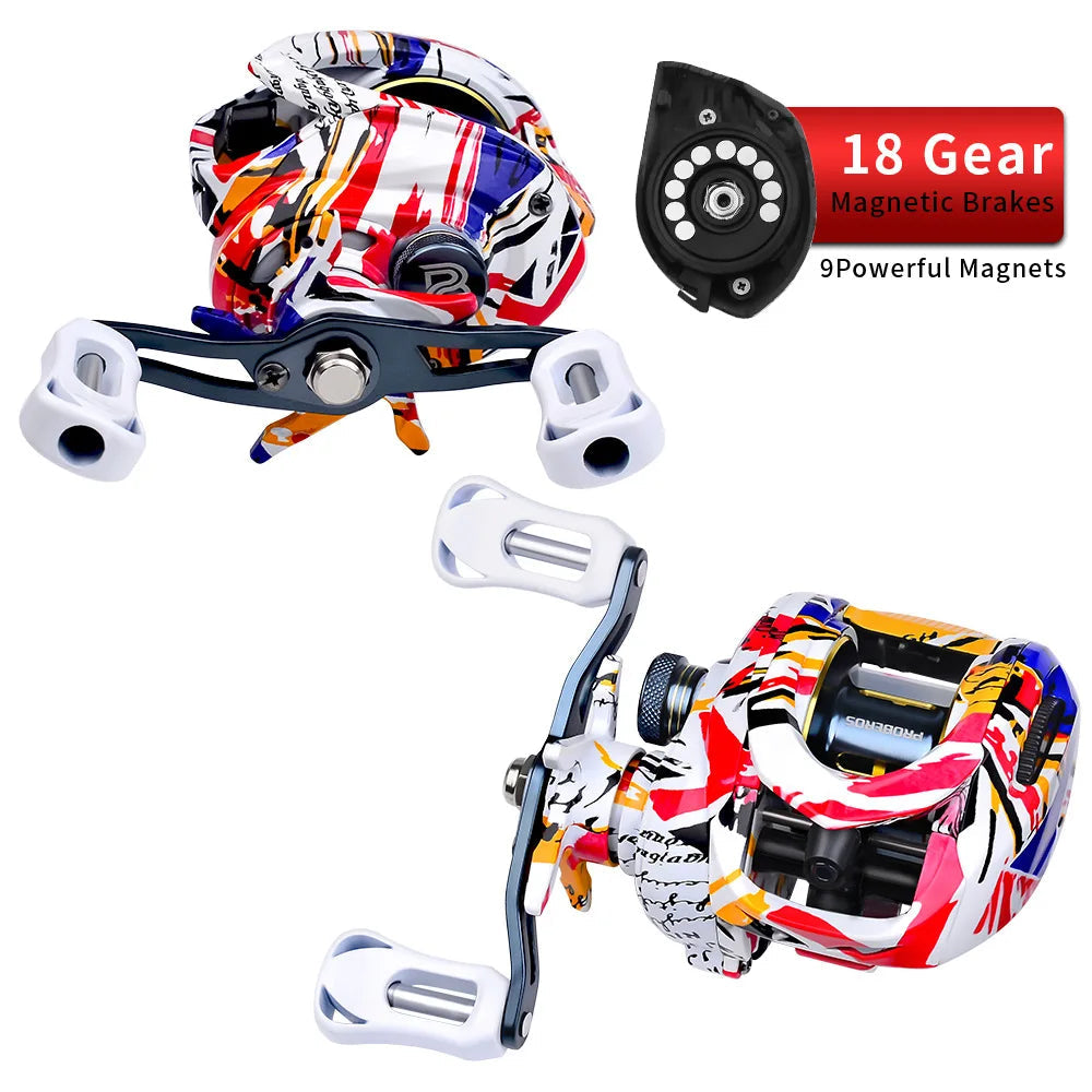 Random colour baitcasting reel side angle showing handles, spool, and body shape