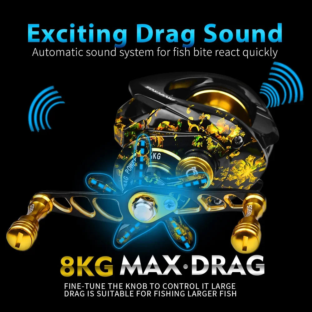 Baitcasting reel with automatic drag sound alert system and 8kg max drag capability