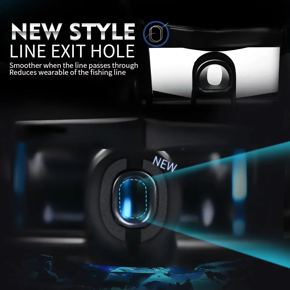 Close-up of baitcasting reel’s new line exit hole design for better casting distance.