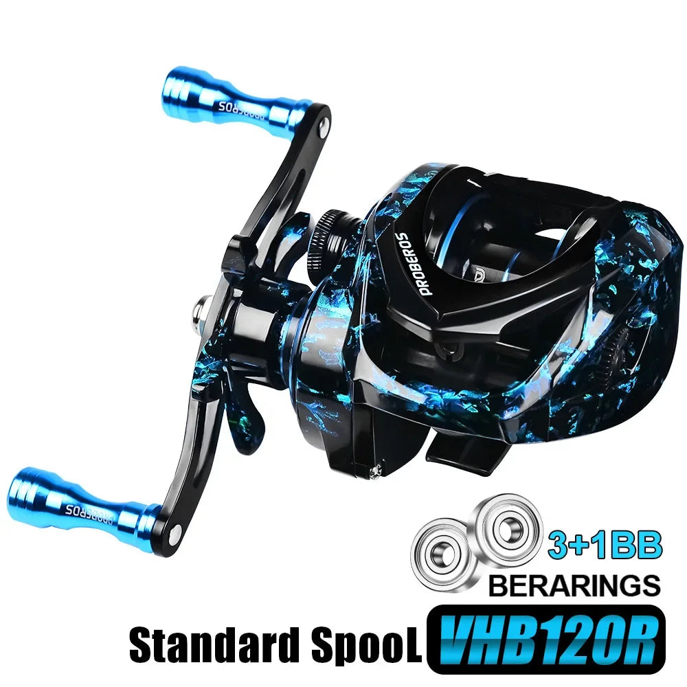 Blue baitcasting reel VHB120P model with 9+1 bearings and standard spool design