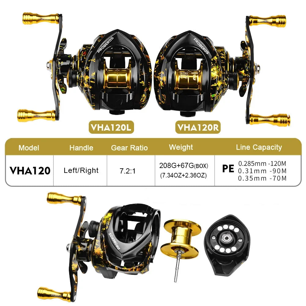 YHA120 baitcasting reel diagram showing specifications, structure, and dual handle layout