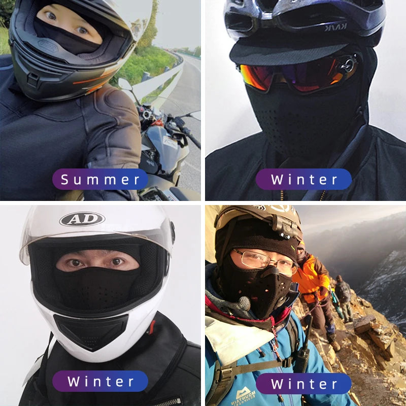 Balaclava worn under helmet in summer and winter conditions