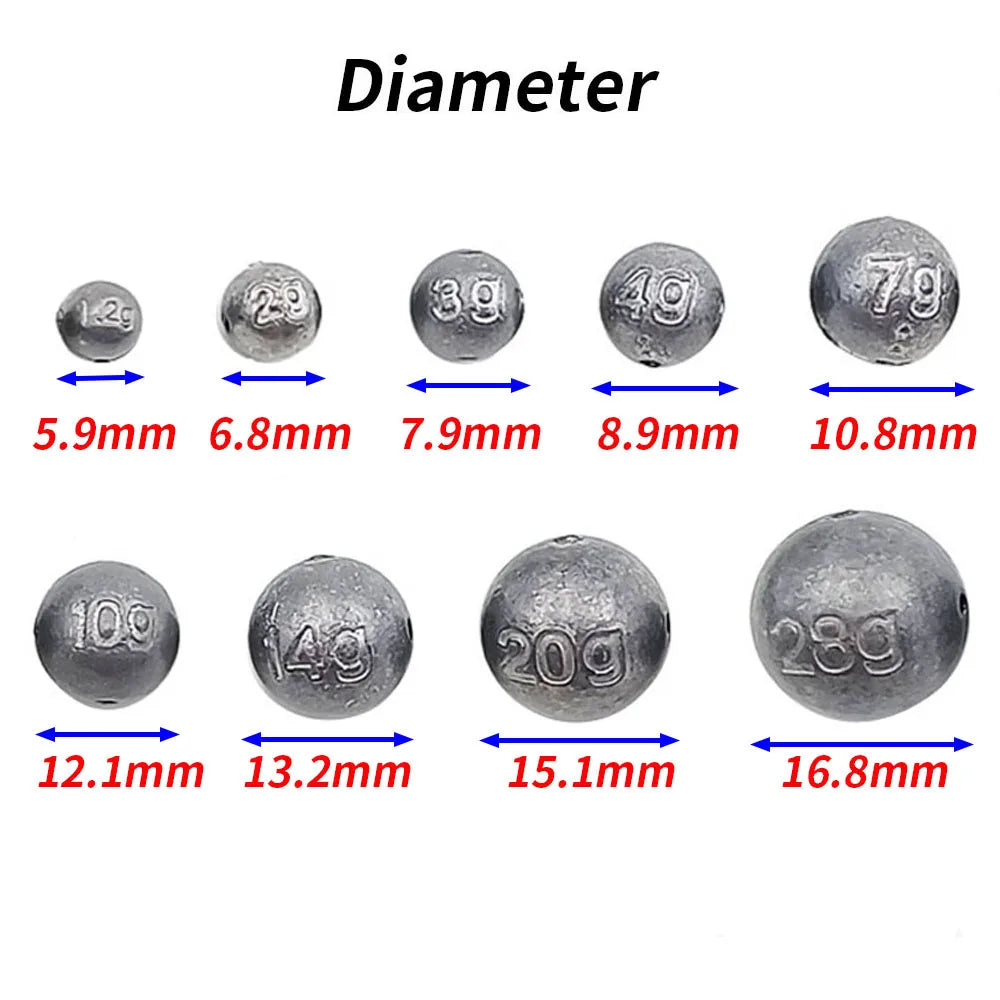Ball sinker diameter size chart showing measurements in millimetres