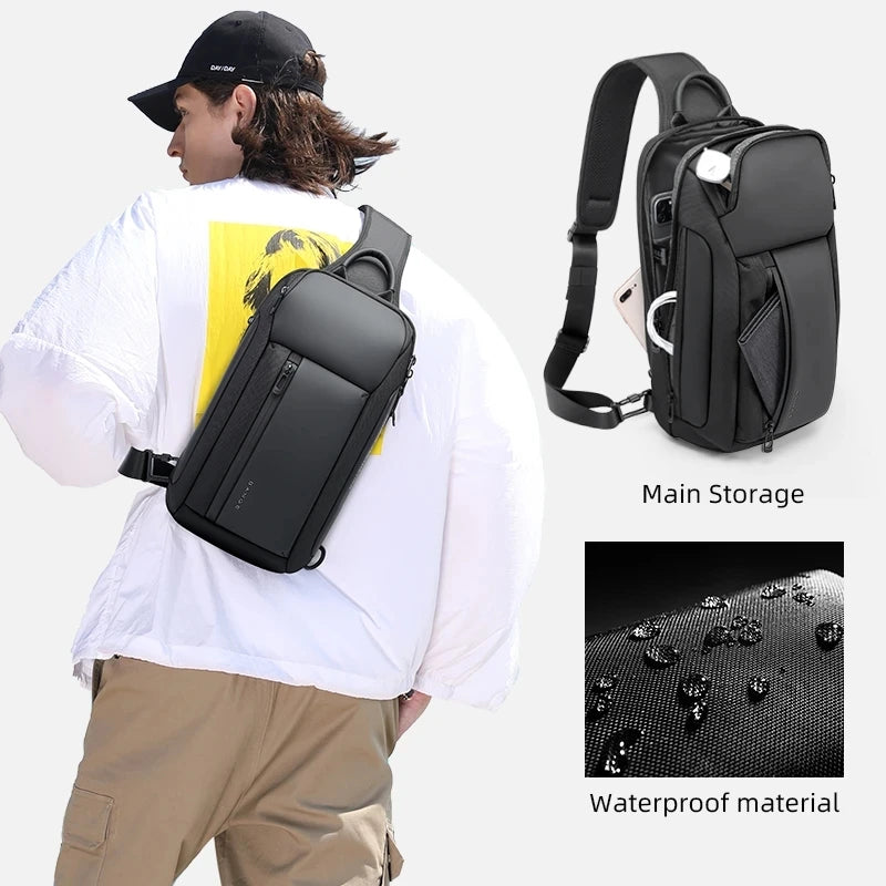 Man wearing BANGE waterproof crossbody sling bag across shoulder for daily commuting or outdoor activities
