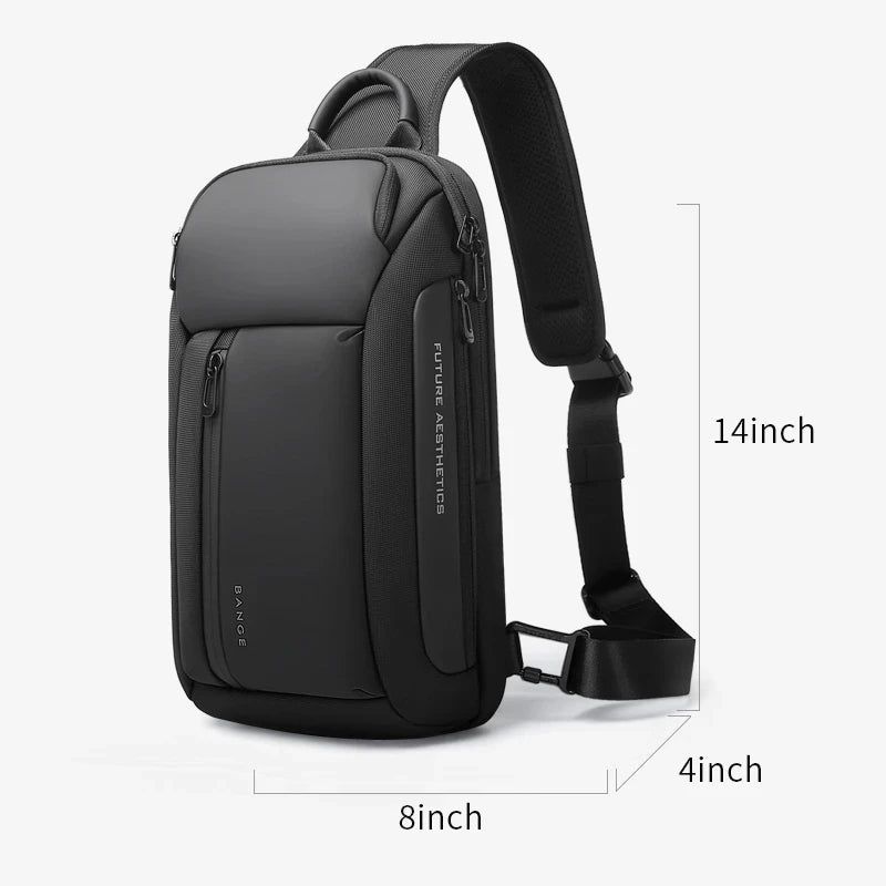 BANGE crossbody sling bag dimension guide showing waterproof material and adjustable shoulder strap