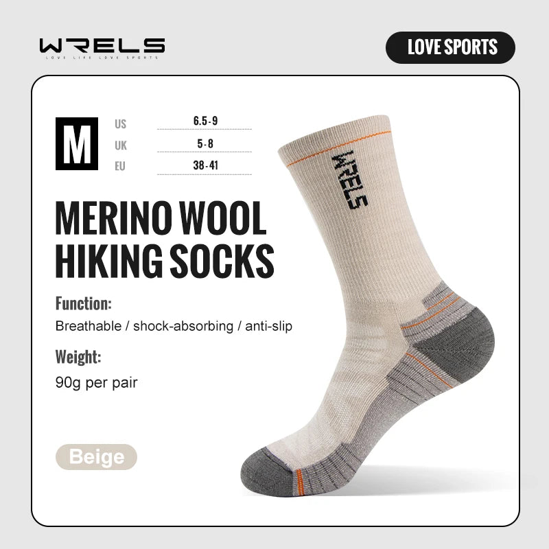 Beige merino wool hiking crew socks pair