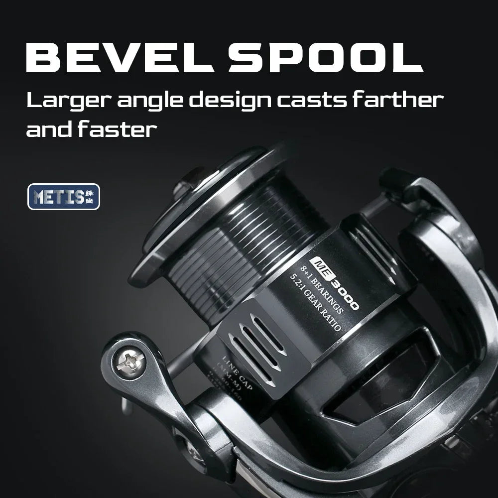 Bevel spool diagram showing METIS spinning reel’s large-angle design for longer, faster casting distance