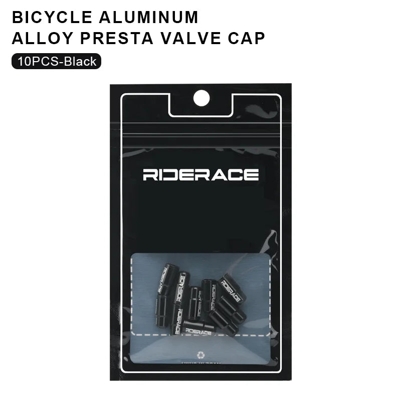 Packaged black aluminium Presta valve caps for bicycle tyres
