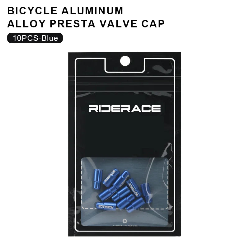 Packaged blue aluminium Presta valve caps for bicycle tyres