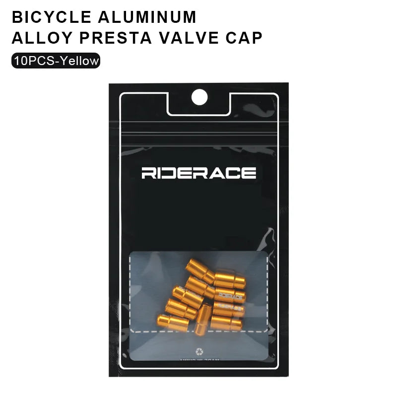 Packaged gold aluminium Presta valve caps for bicycle tyres