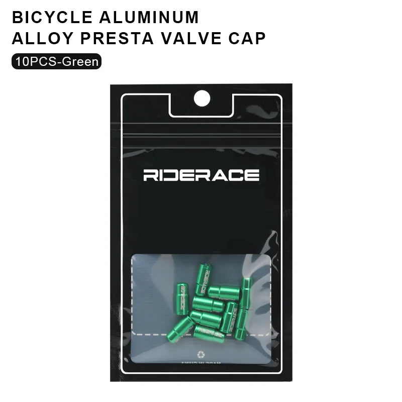 Packaged green aluminium Presta valve caps for bicycle tyres