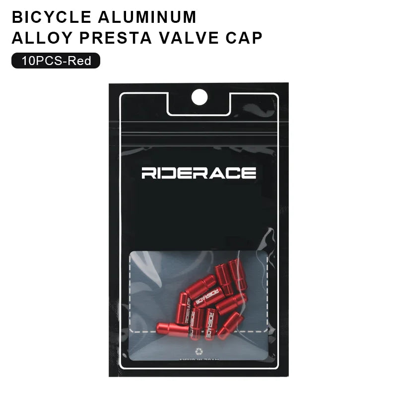 Packaged red aluminium Presta valve caps for bicycle tyres