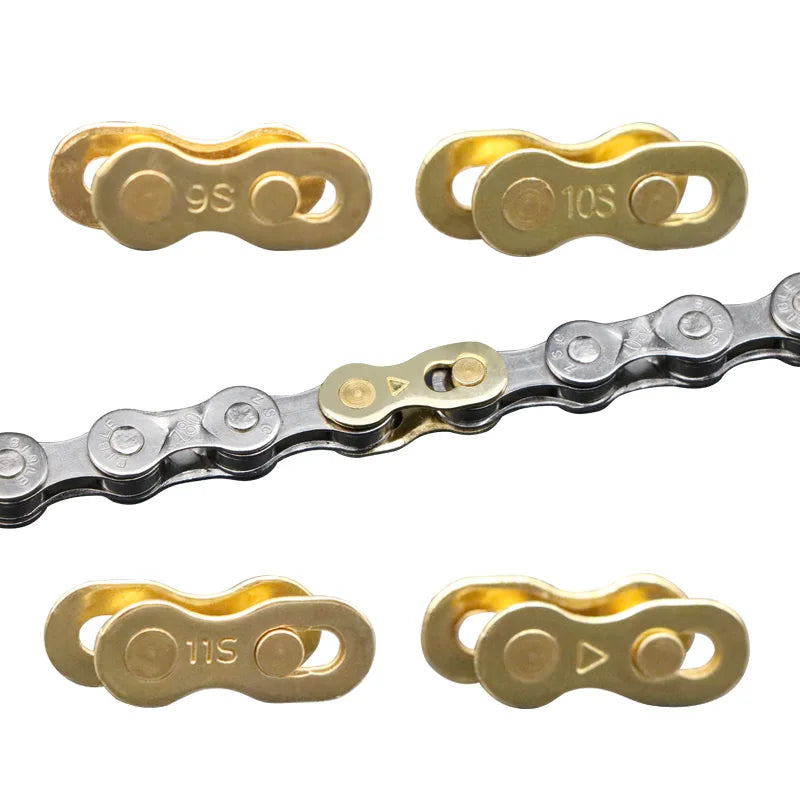 Gold and silver bicycle chain master links installed on chain