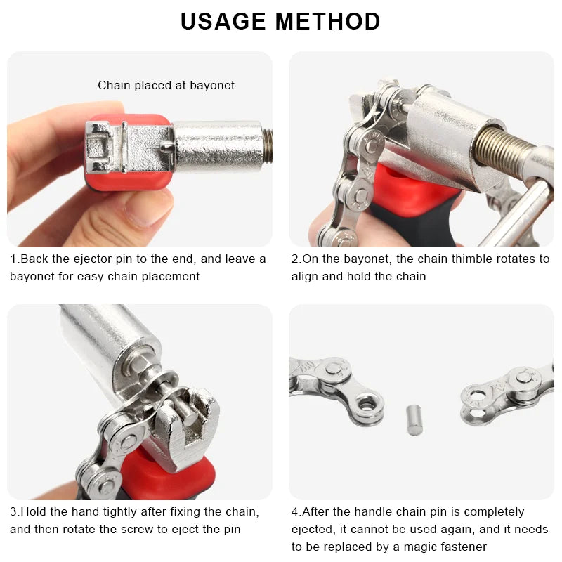 Bicycle chain breaker usage steps for cutting and reconnecting chains