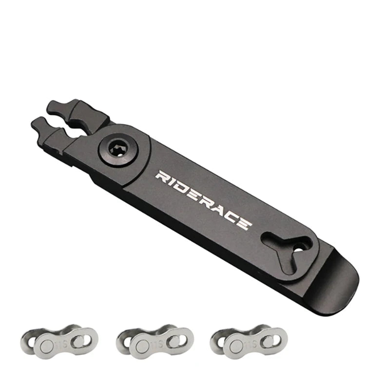 Bike chain quick link pliers shown with reusable master links