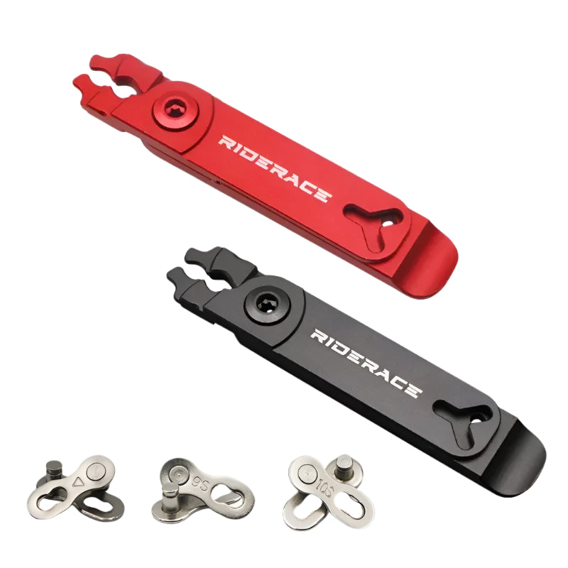Bike chain quick link pliers in red and black with master links