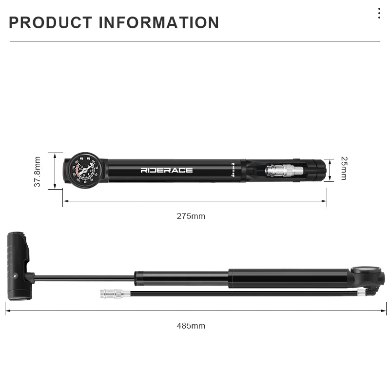Bicycle hand tyre pump size and dimensions diagram