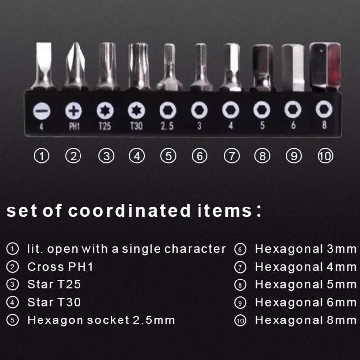 Hex and Torx bit set included in bike repair kit