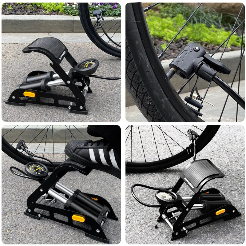 Bike pump shown with valve adapters and tyre inflation accessories
