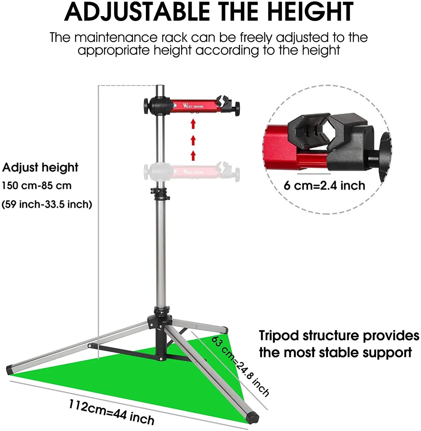 Bike repair stand height adjustment range diagram