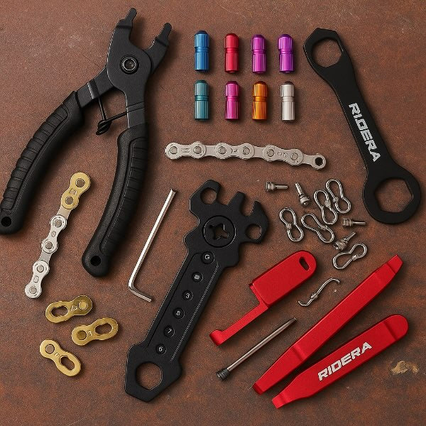 Collection of bicycle tools and components on a brown surface with 'Ridera' branding.
