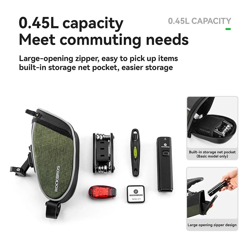 Bike saddle bag shown with accessories laid out to show internal capacity
