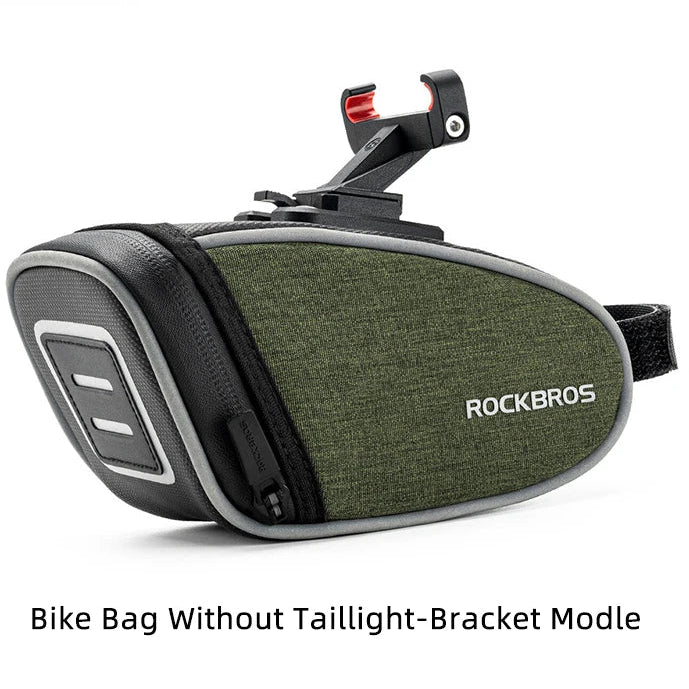 Bike saddle bag rear angle showing light position