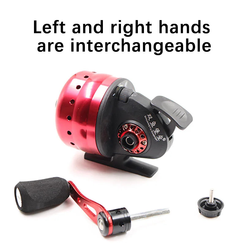 Diagram showing BL30 spincast reel with interchangeable left and right hand retrieve and aluminium rocker arm handle