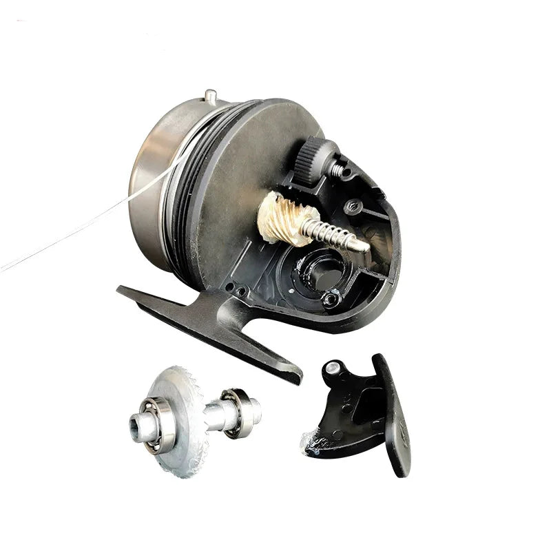 BL30 spincast reel disassembled to show internal components including spool, bearings, and drag assembly for maintenance view