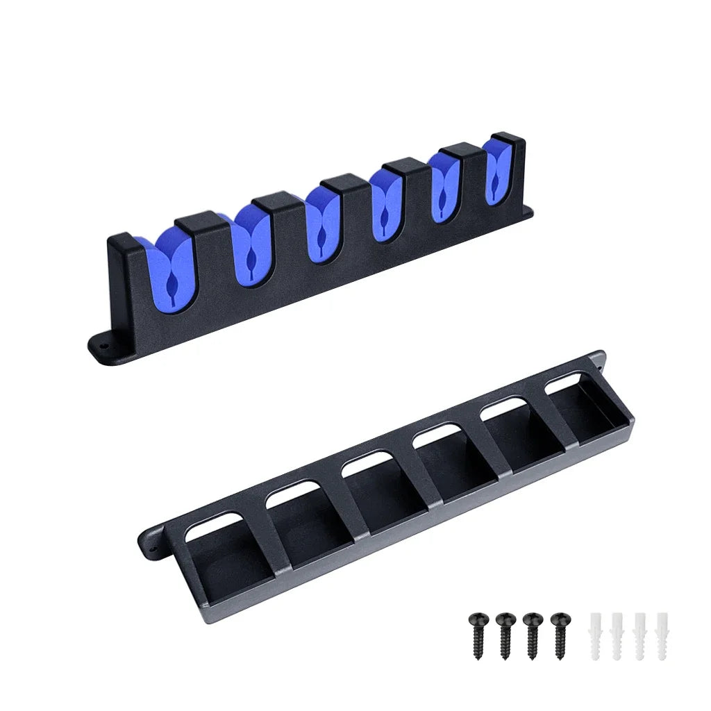 Black ABS fishing rod rack with cushioned EVA inserts viewed from an angle showing full slot alignment