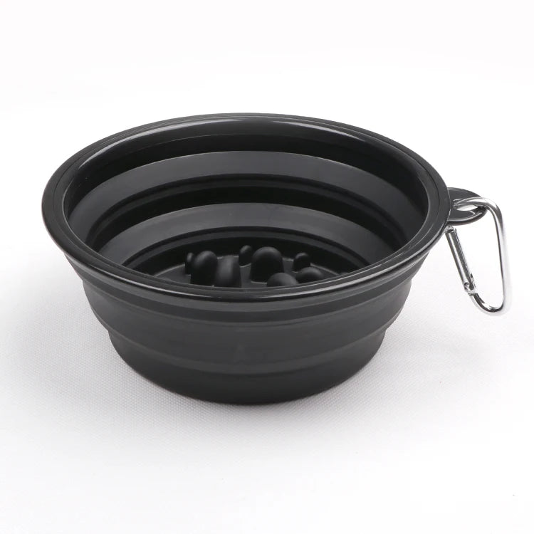 Black collapsible slow feeder dog bowl with clip