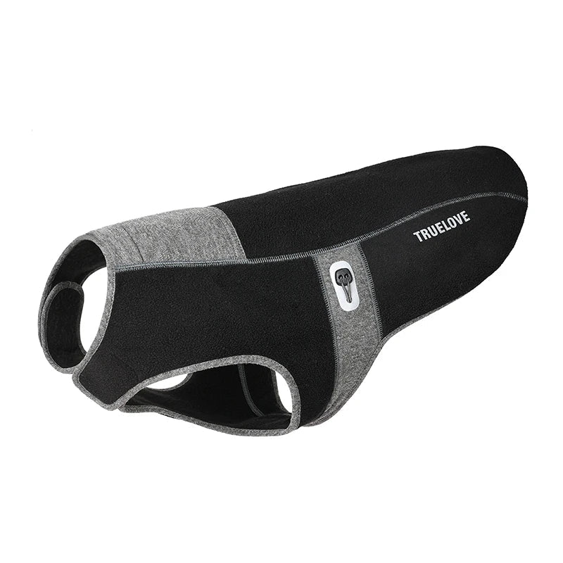 Black fleece lined winter dog coat side view