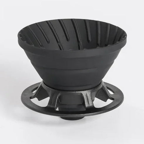 Black silicone coffee dripper with reusable filter design, ideal for camping, travel, and everyday coffee brewing