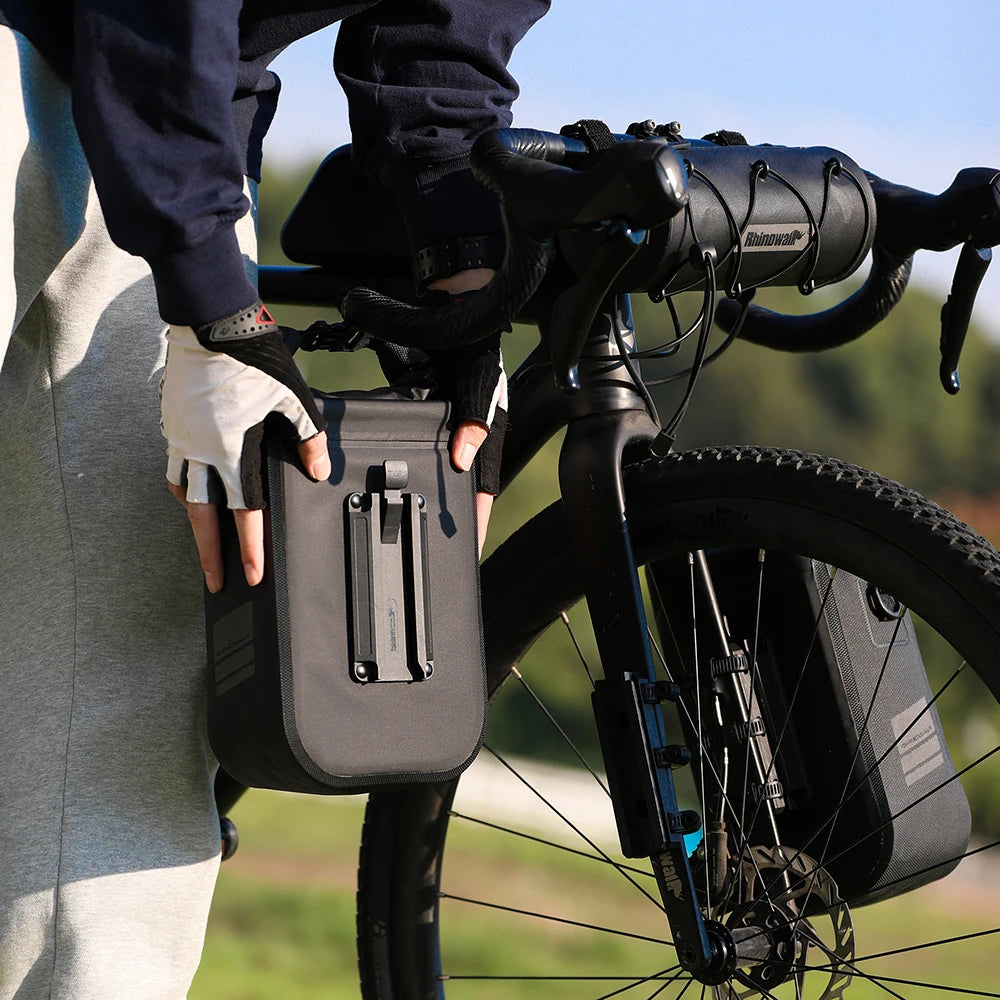 Black waterproof fork mounted bike bag