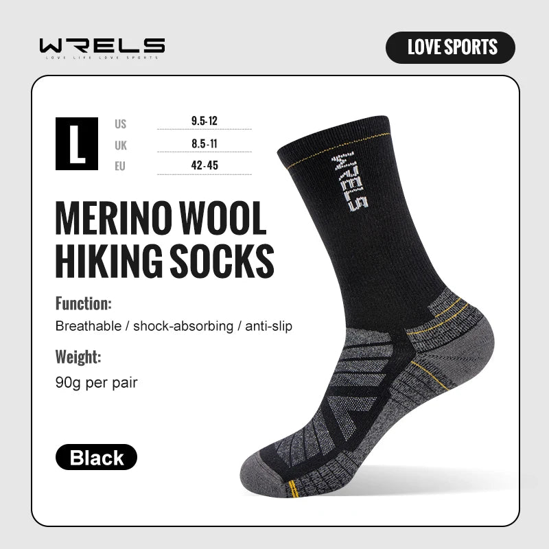 Large black merino wool hiking crew socks pair