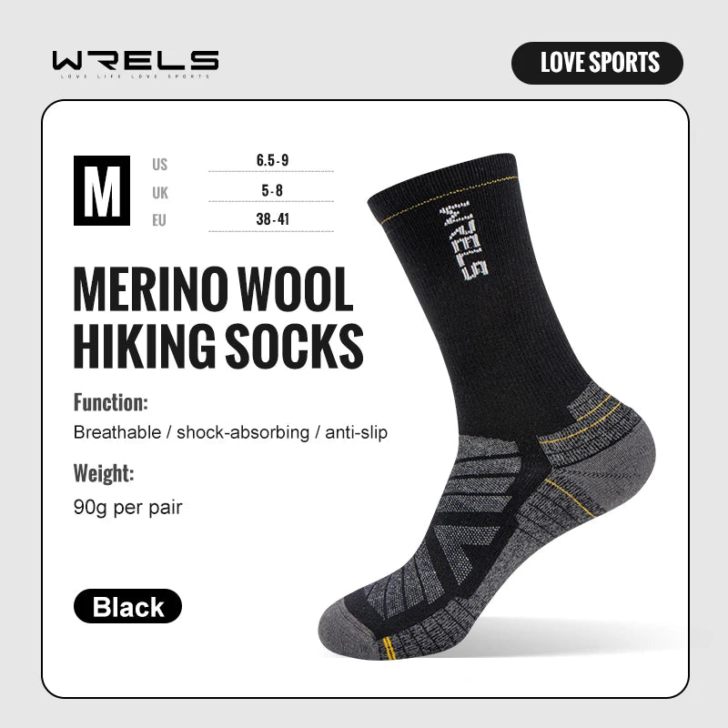 Black merino wool hiking crew socks pair