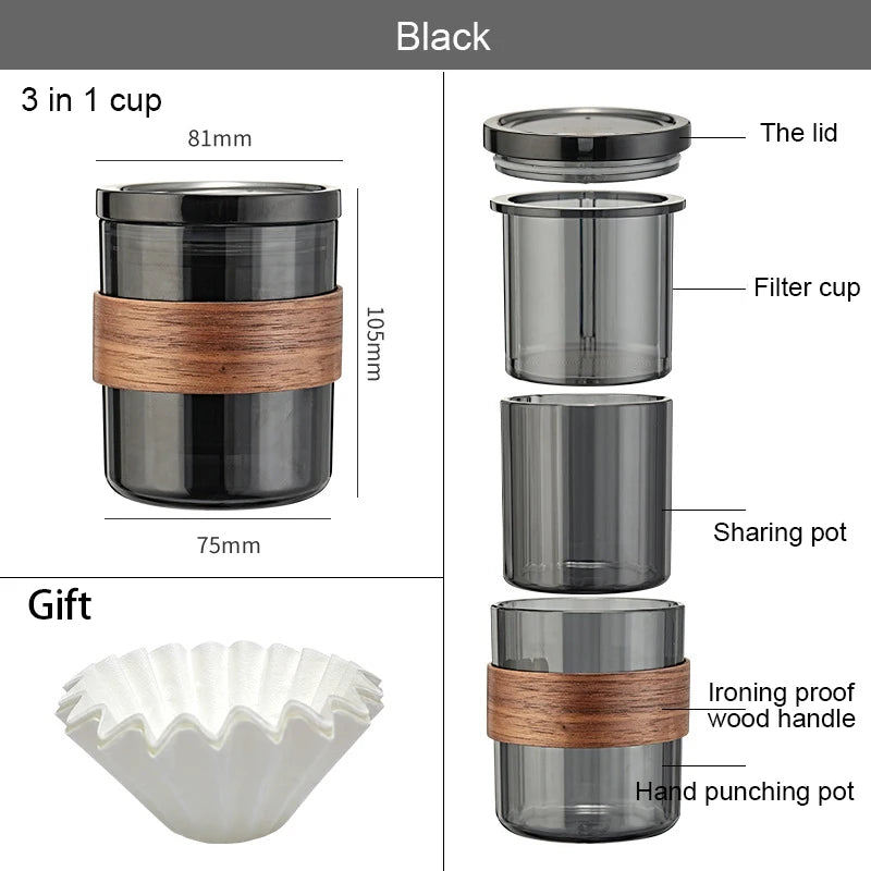 Black 3-in-1 portable coffee set diagram with wooden grip and included paper filters, showing stacked brewing configuration