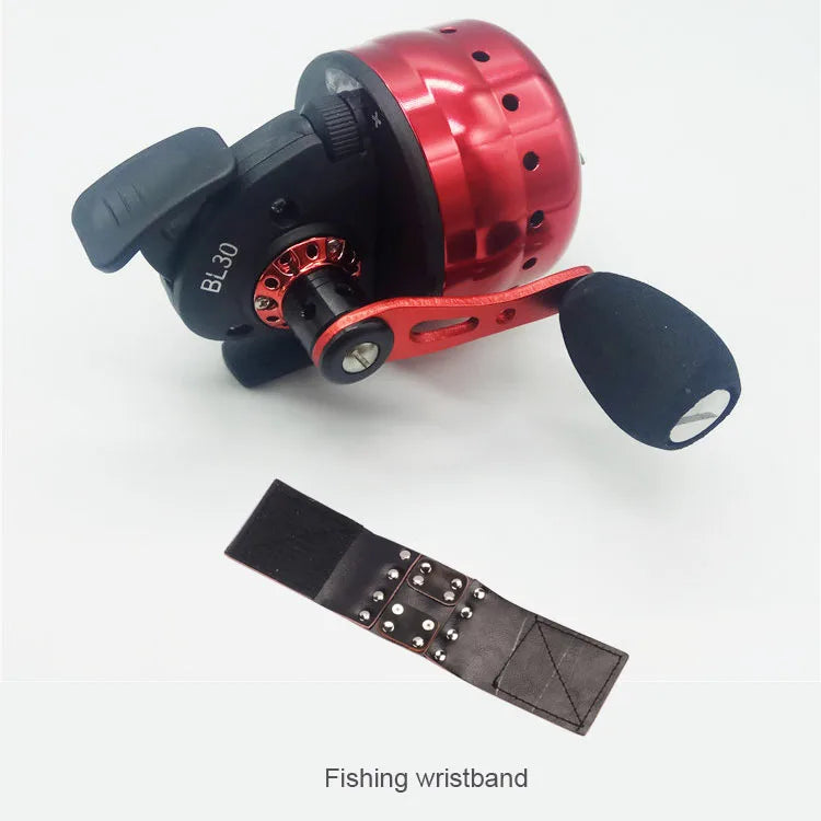 Black and red BL30 spincast reel with aluminium rocker handle and wristband, ideal for smooth casting and retrieval