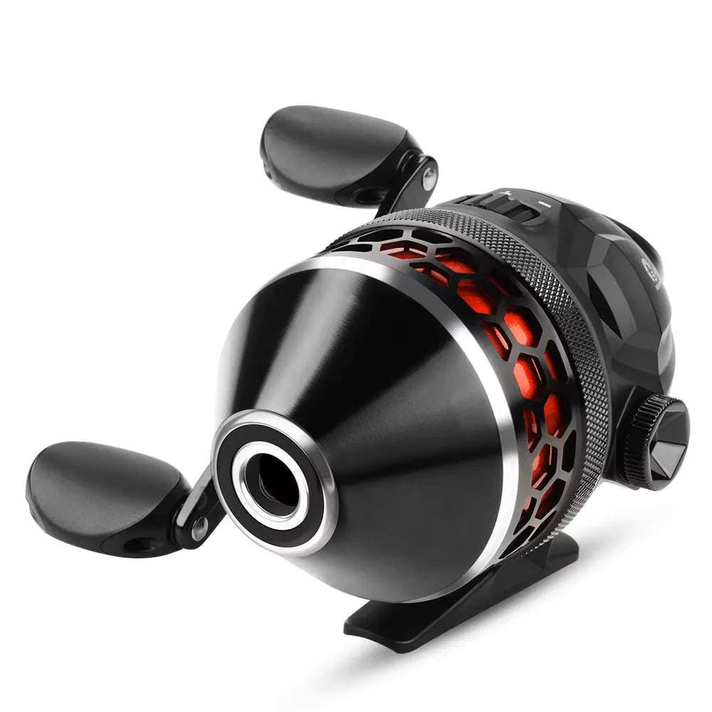 Black and red spincast fishing reel with smooth design and stainless steel cone cover, ideal for relaxed freshwater fishing