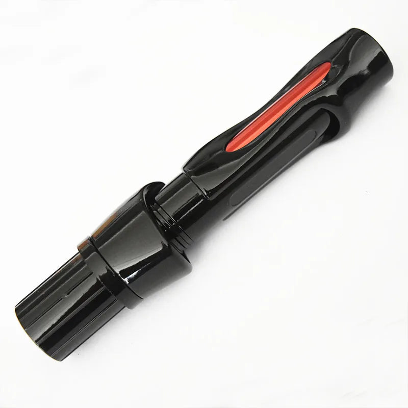 Black spinning rod reel seat with red trim for ergonomic reel mounting