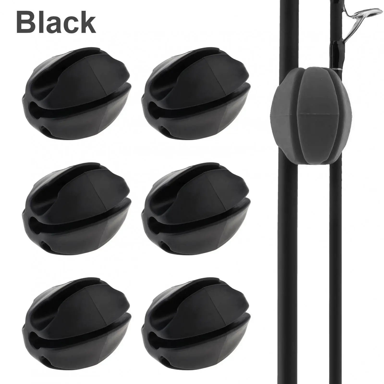 Set of black silicone O-ring rod clips displayed on fishing rod for storage and transport use