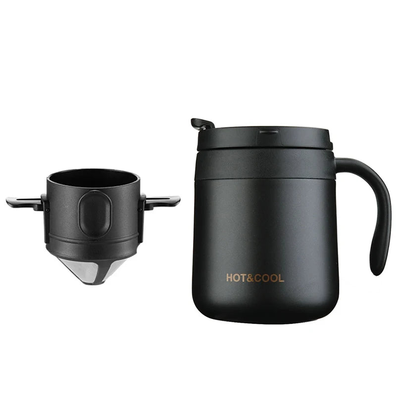 Black stainless steel coffee dripper with matching black mug pot, compact set for pour-over coffee at home or outdoors