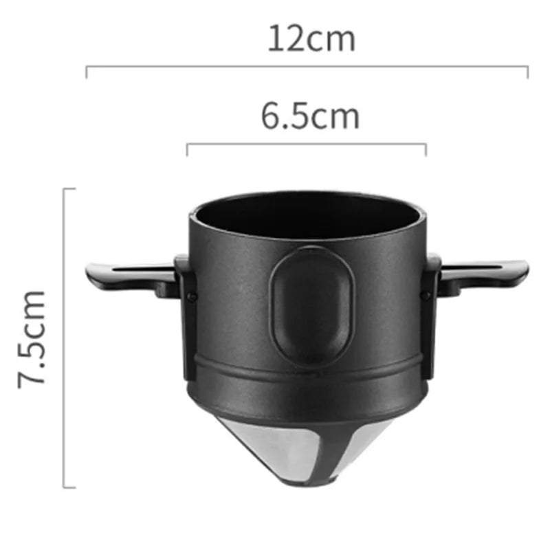 Size guide of black stainless steel coffee dripper showing height and width for travel-friendly brewing setup