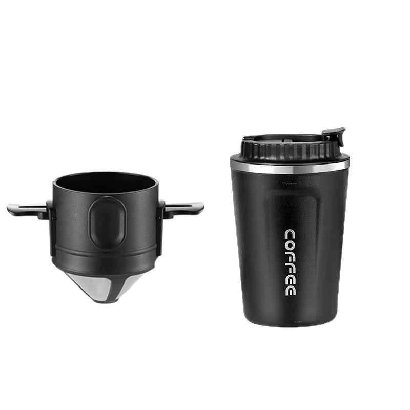Black stainless steel coffee dripper set with mug and pot designed for outdoor and indoor coffee brewing