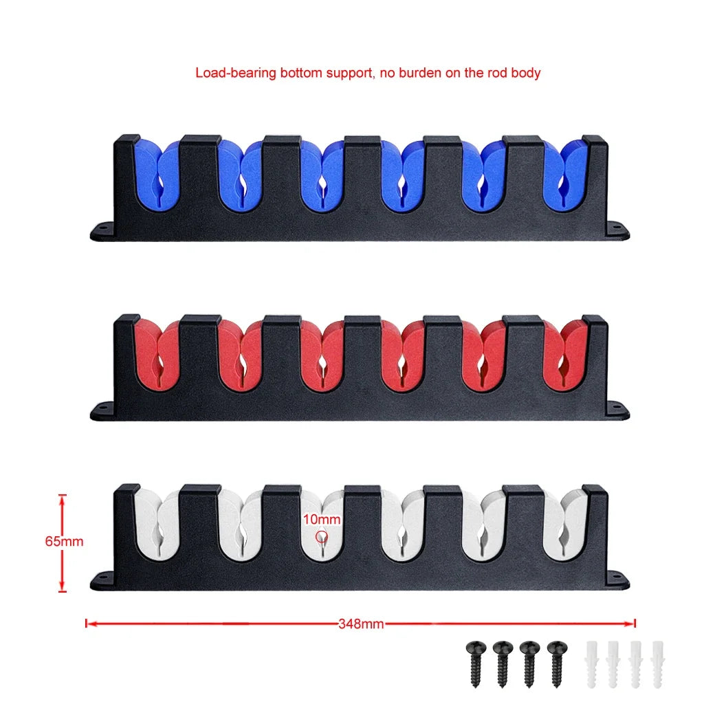 Blue and red EVA foam fishing rod holders mounted on strong ABS base for marine and garage storage