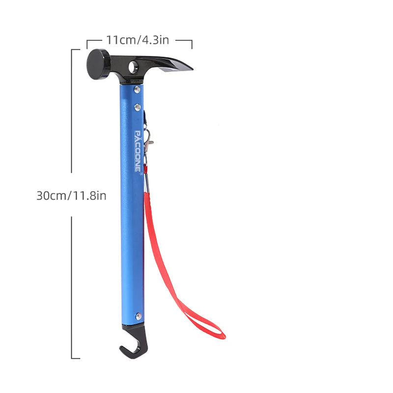 Blue camping hammer full length with red wrist strap