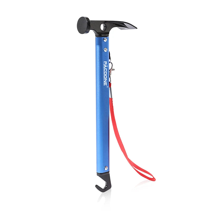 Blue camping hammer showing stake puller end detail