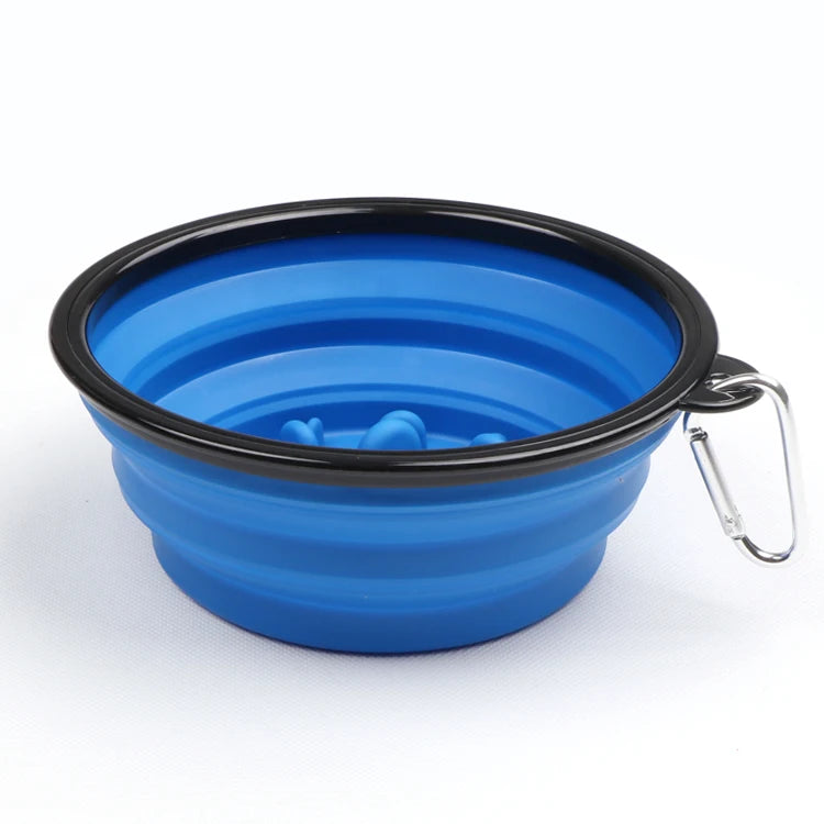 Blue collapsible slow feeder dog bowl with non slip base
